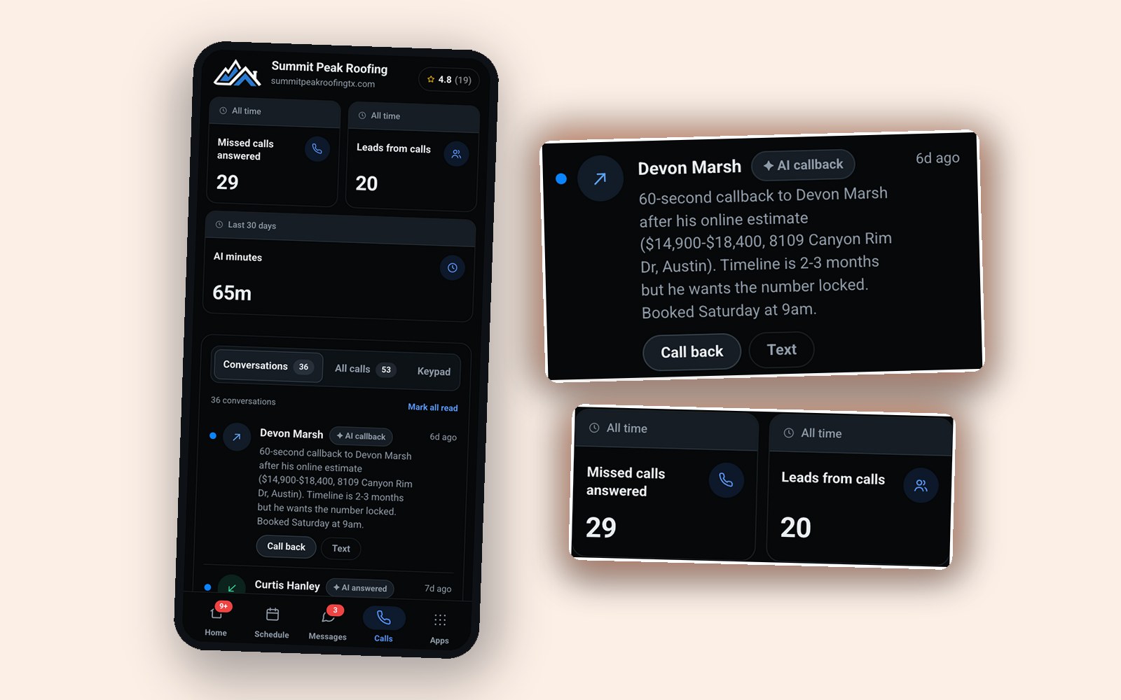 AI call summaries with the 10-second callback blown up