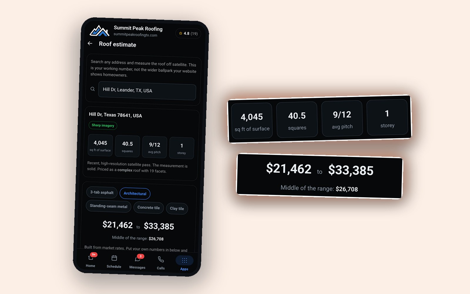 In-app roof measure with the numbers blown up