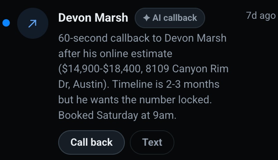 AI callback summary: booked Saturday at 9am